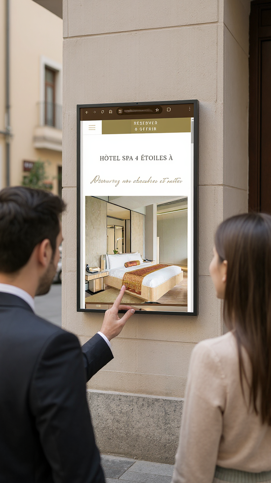 écran extérieur mural fixé sur un mur en portrait proche d'un hôtel de luxe